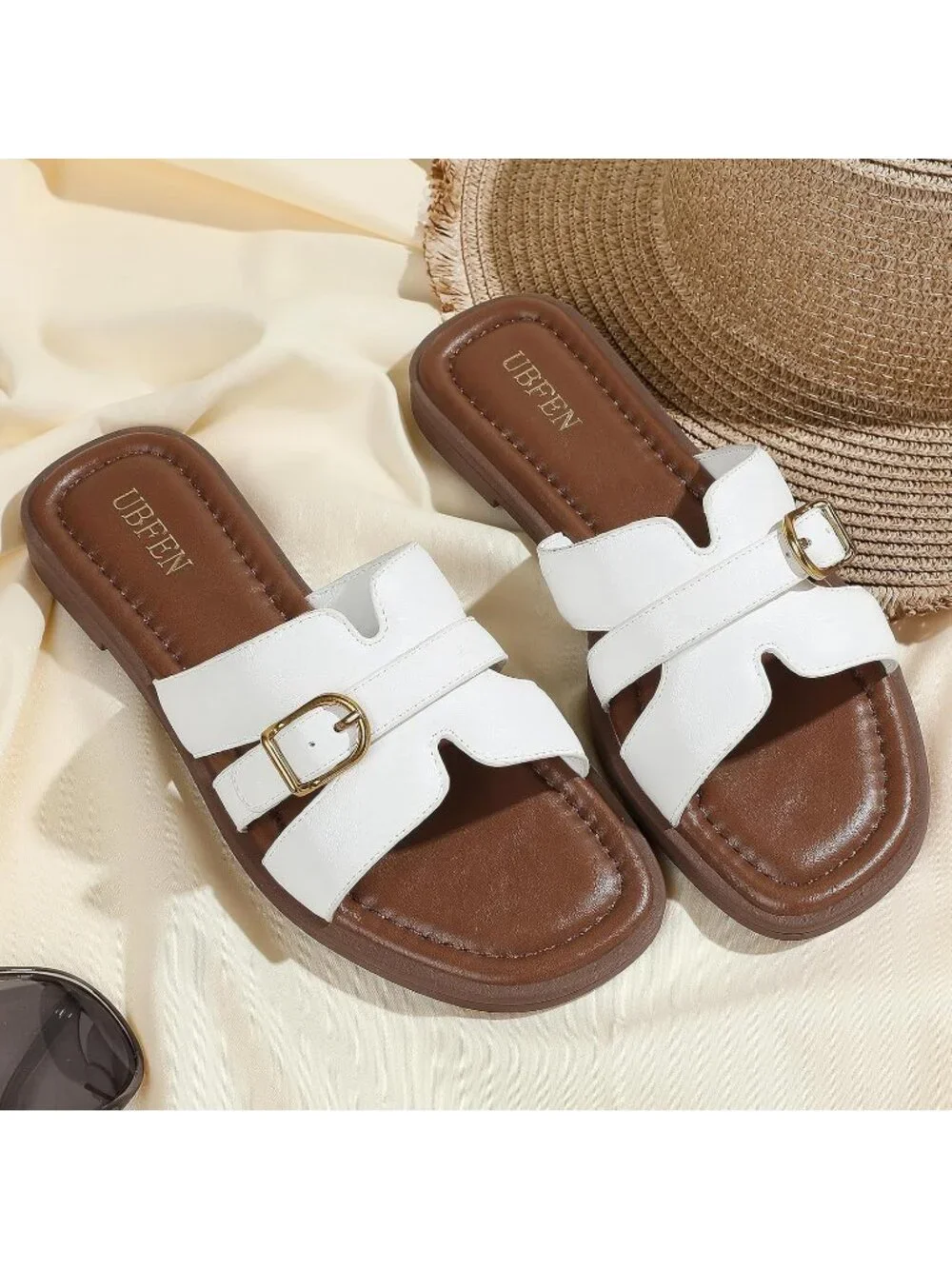 Women's All White Square Toe Flat Sandals Slides Dressy Comfortable for Casual